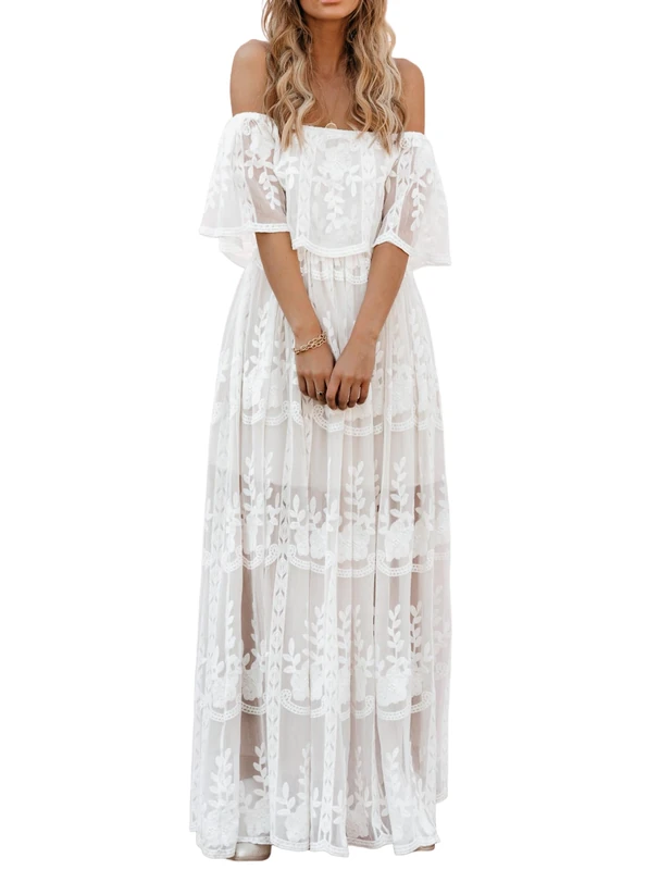 MERMAID'S CLOSET Women's Casual Off Shoulder Lace Maxi Dress Boho White Bridesmaid Wedding Evening Party Dresses, White, L