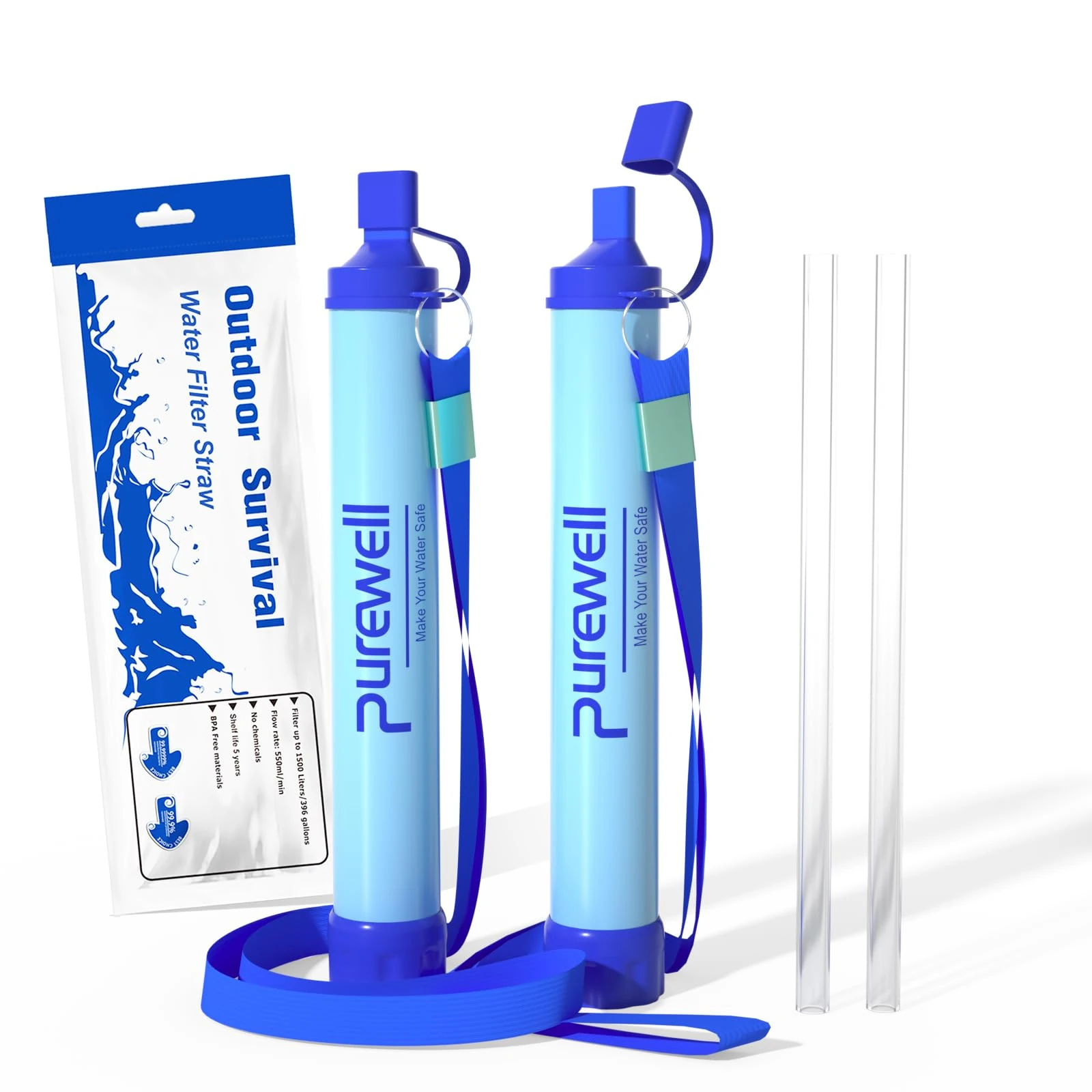 Purewell Outdoor Water Filter – 0.01 μm ultra-fine filter removes 99.99% of bacteria & heavy metals | 1500L filter capacity | Portable drinking water filter with neck strap for survival & outdoor