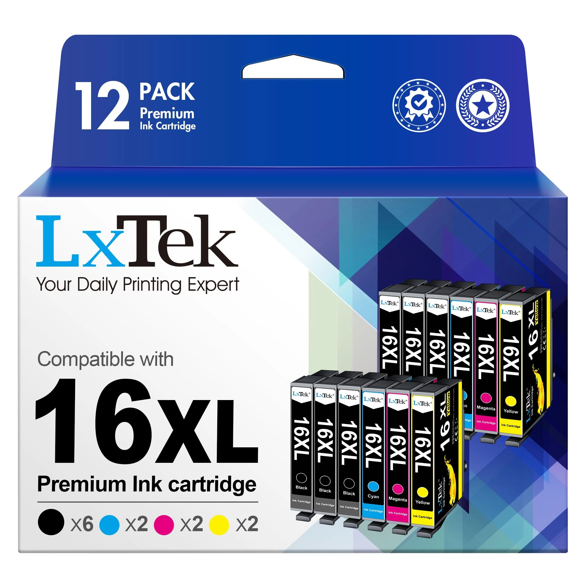 LxTek Compatible Ink Cartridge Replacement for Epson 16XL for Epson Workforce WF-2750 WF-2760 WF-2660 WF-2650 WF-2630 WF-2540 WF-2530 WF-2010 WF-2510 (6 Black 2Cyan 2Magenta 2Yellow,12-Pack)