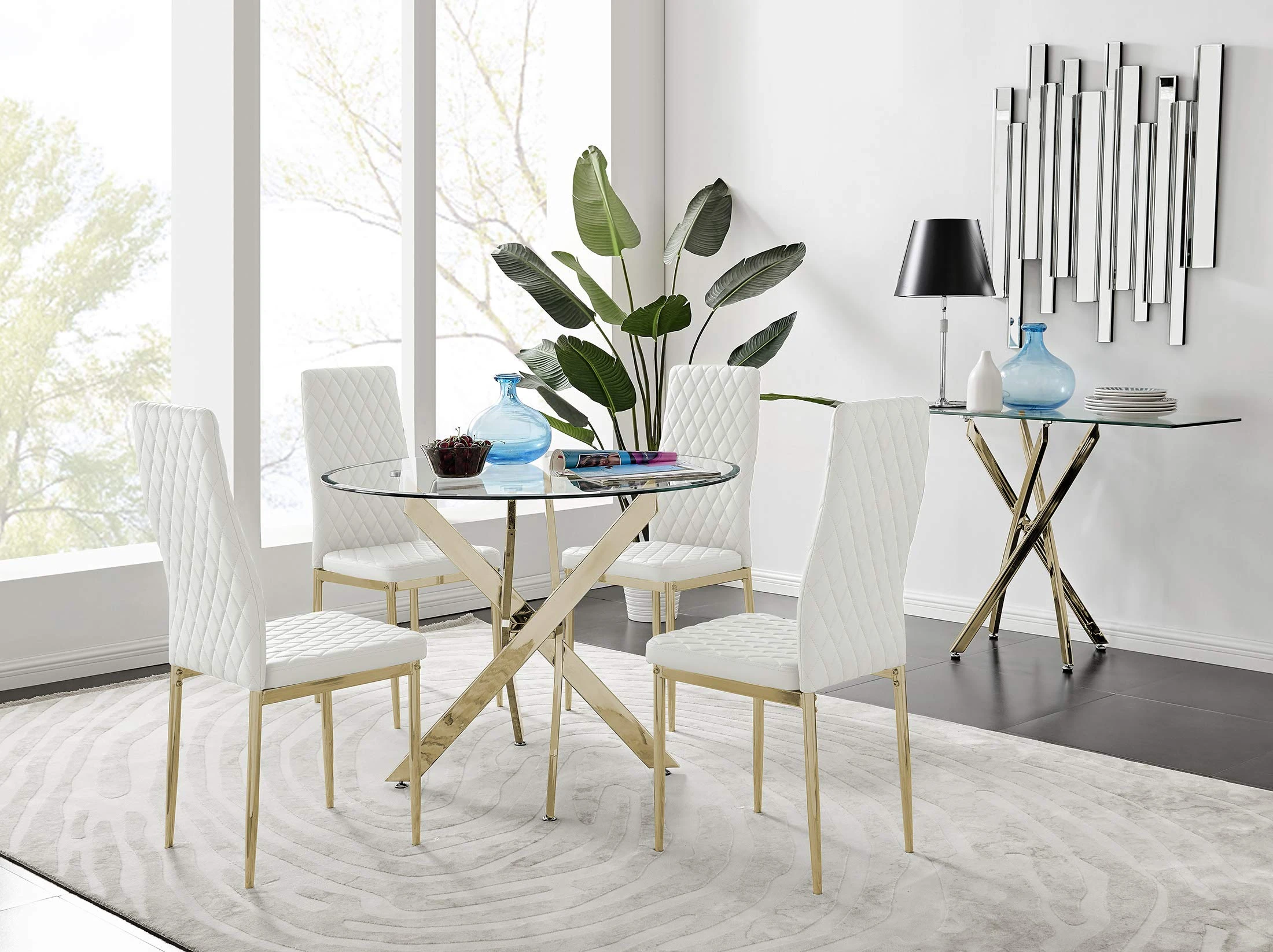 Furniturebox UK Novara Modern Stylish Round Gold Metal and Clear Glass Dining Table and 4 Contemporary Gold Milan Dining Chairs Set (Dining Table + 4 White Gold Milan Chairs)