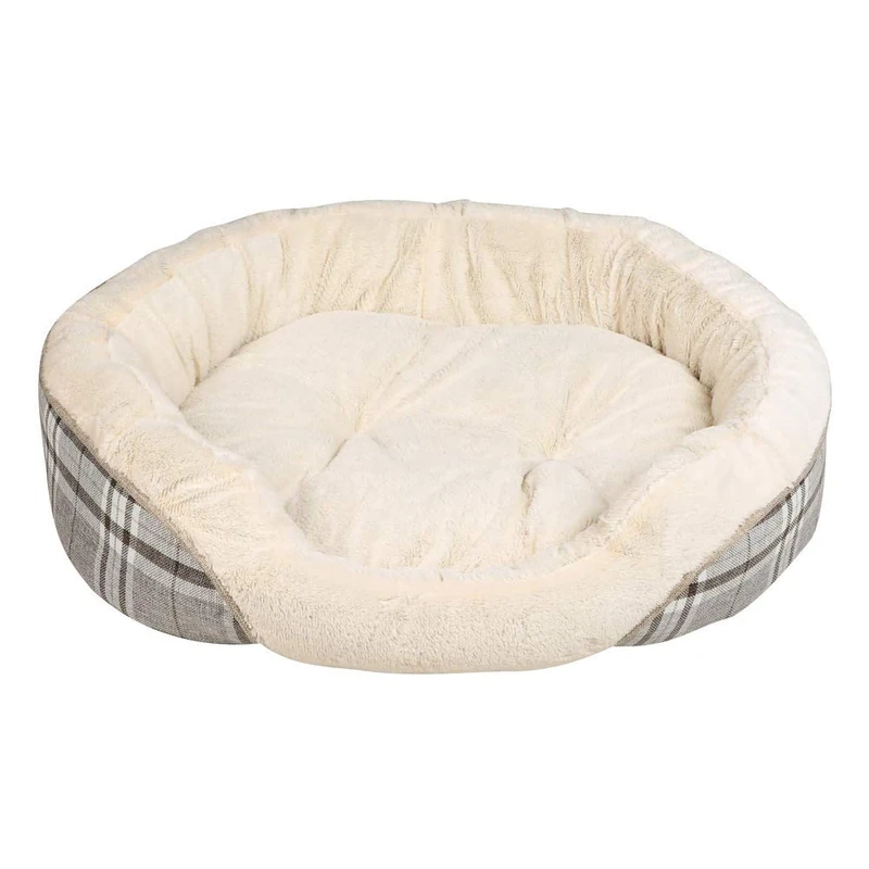 Pet Brands Grey Tartan Check Round Dog Bed, Medium/Large Dog Bed with Warm Plush & Reversible Inner