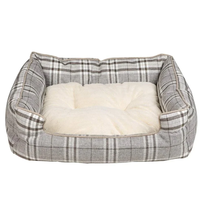 Pet Brands Grey Tartan Check Sofa Bed, Washable Medium/Large Pet Dog Bed, Reversible Inner - 80x90x25cm