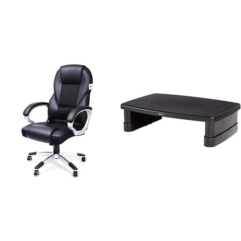 SONGMICS Executive Office Chair with High Back, Durable and Stable, Black, OBG22BUK & Amazon Basics Height-Adjustable Display Stand for Laptops and Monitors with Non-Skid Feet, Black