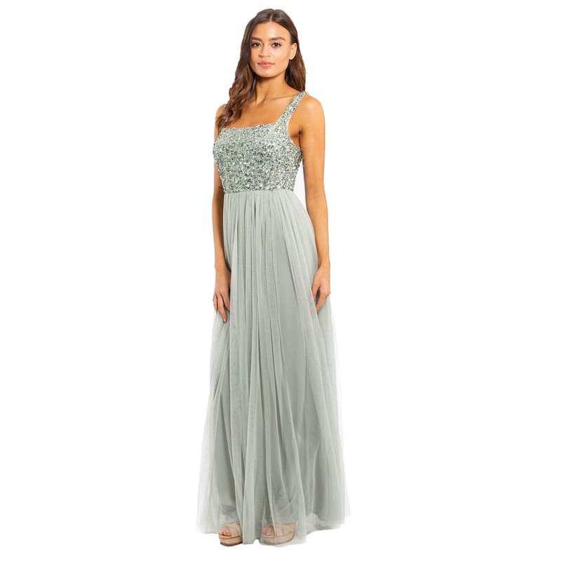 Maya Deluxe Women's Green Lily Strappy Delicate Sequin Maxi Bridesmaid Dress, Green Lilly, 10 UK