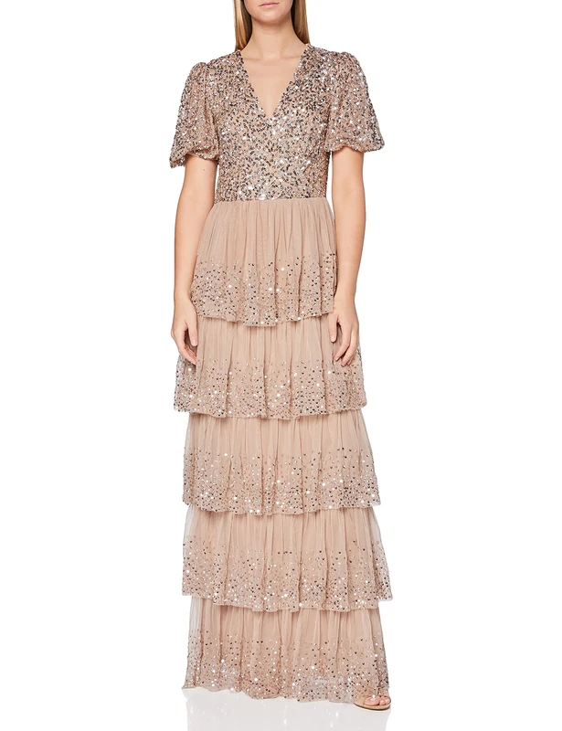 Maya Deluxe Women's Maya Taupe Blush Short Sleeve Embellished Tiered Maxi Dress Bridesmaid, 8