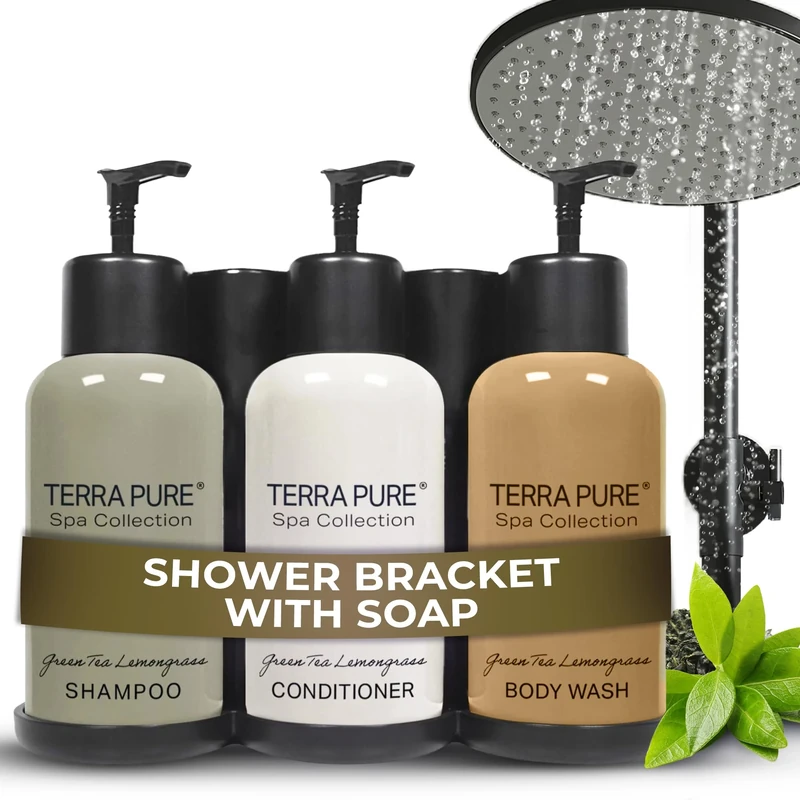 Terra Pure Spa Collection | Wall-Mounted No Drill Shower Soap Amenities Dispenser | 10.14 oz. / 300 ml Bottles | Tamper Proof Locking Bracket | 1 Bracket with Shampoo, Conditioner, Body Wash