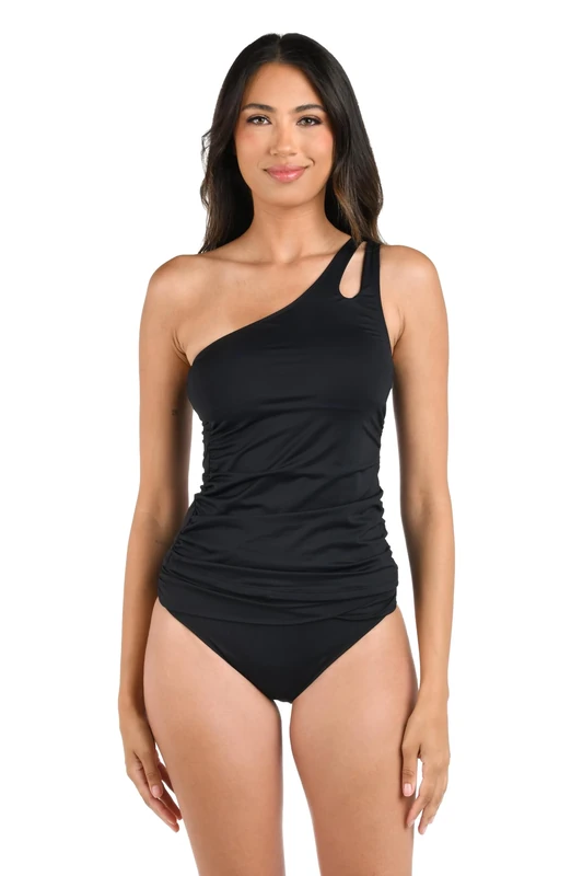 La Blanca Women's Island Goddess One Shoulder Keyhole Tankini Swimsuit Top, Black, 20