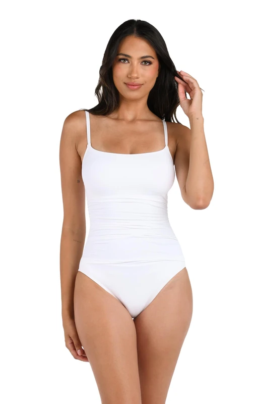 La Blanca Women's Island Goddess Rouched Body Lingerie Mio One Piece Swimsuit, White, 8