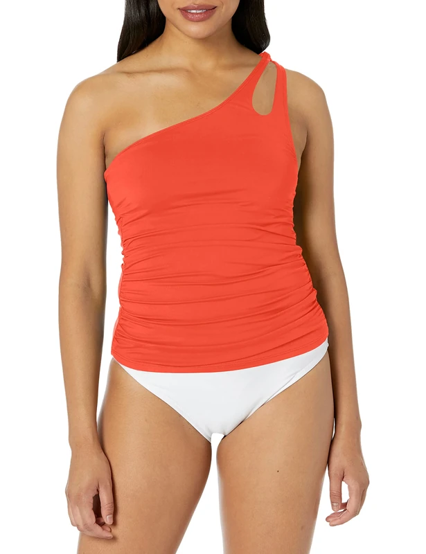 La Blanca Women's Island Goddess One Shoulder Keyhole Tankini Swimsuit Top, Paprika, 4