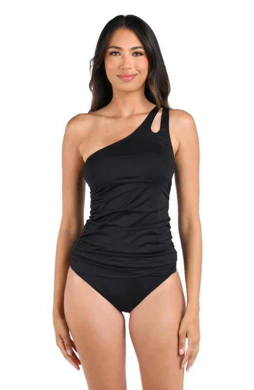 La Blanca Women's Island Goddess One Shoulder Keyhole Tankini Swimsuit Top, Black, 6