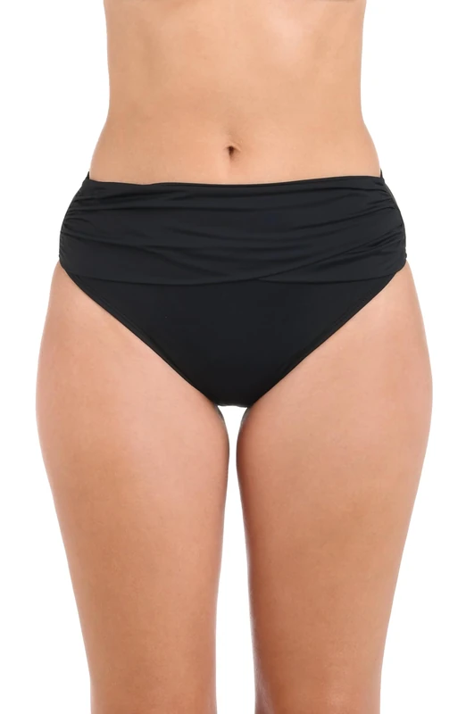 La Blanca Women's Island Goddess Banded Mid Waist Pant Bikini Swimsuit Bottom, Black, 10