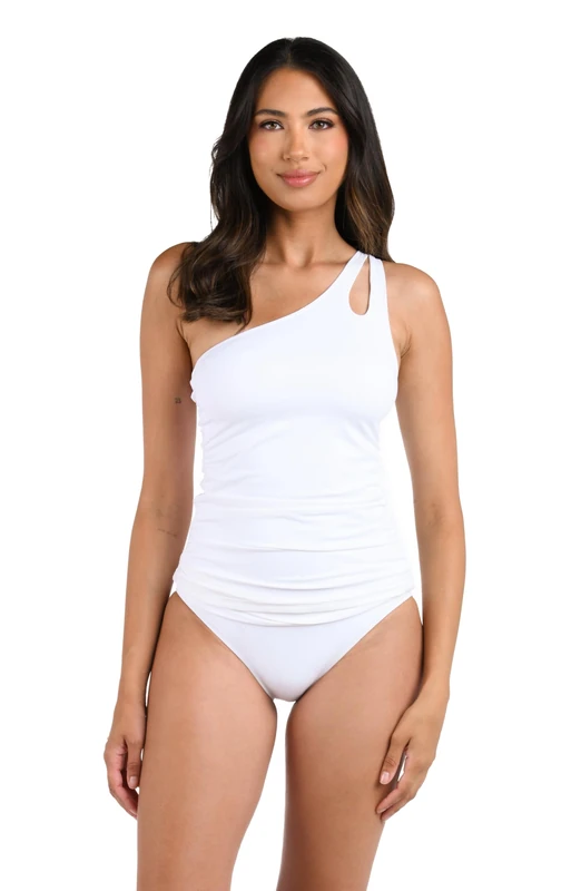La Blanca Women's Island Goddess One Shoulder Keyhole Tankini Swimsuit Top, White, 14