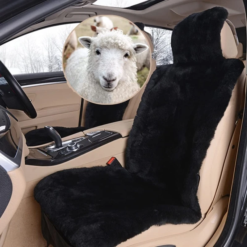 Altlue Real Genuine Sheepskin Seat Covers for Cars SUV Trucks Van RV Front Seats Sheepskin Car Seat Covers Sheepskin Automotive Seat Covers Fuzzy Fleece Fur Car Seat Covers Black Universal (1 Piece)