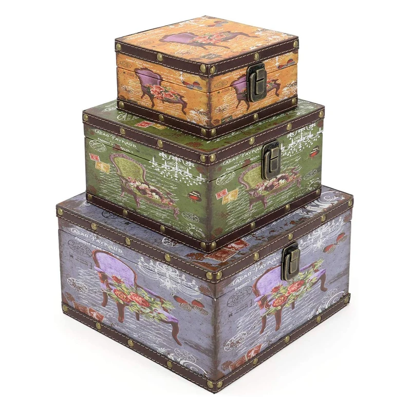 Jolitac Wooden Storage Box Set of 3, Vintage Decorative Boxes with lid Home Decor, Wood Storage Nesting Boxes With Latch, Rustic Antique Box Set for Keep Photos, Jewelry, Cash (Chair) - Image 1