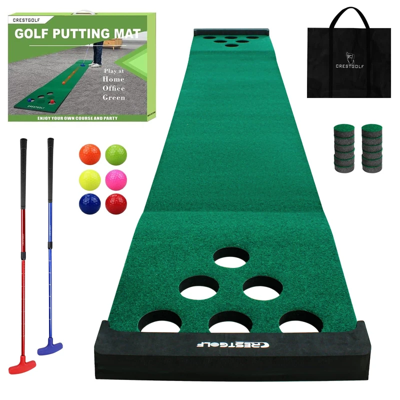 Crestgolf Mat Game Set Green Mat, Putting with 2 Adjustable Putters, 6 Golf Balls,12 Golf Hole Covers for Indoor&Outdoor Short Game Office Party Backyard Use - Image 1