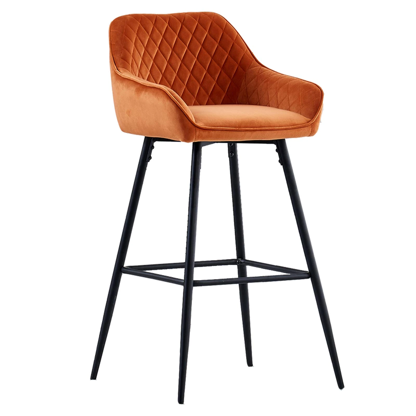 AINPECCA Velvet Bar Stool Fabric Upholstered seat with Backrest & Armrest Black Metal Legs Kitchen Breakfast Counter Chair (Orange velvet, 1)