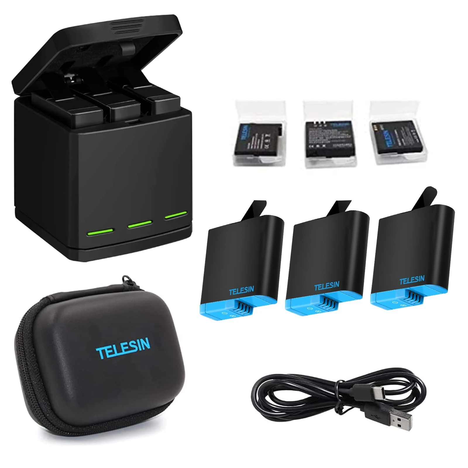 TELESIN Battery Charger for Gopro Hero 8 black,Hero 7 6 5 Black,3-Channel Battery Charging Storage Box with 3 Batteries Pack+Storage Cases+USB Type-C Cable+Mini Bag
