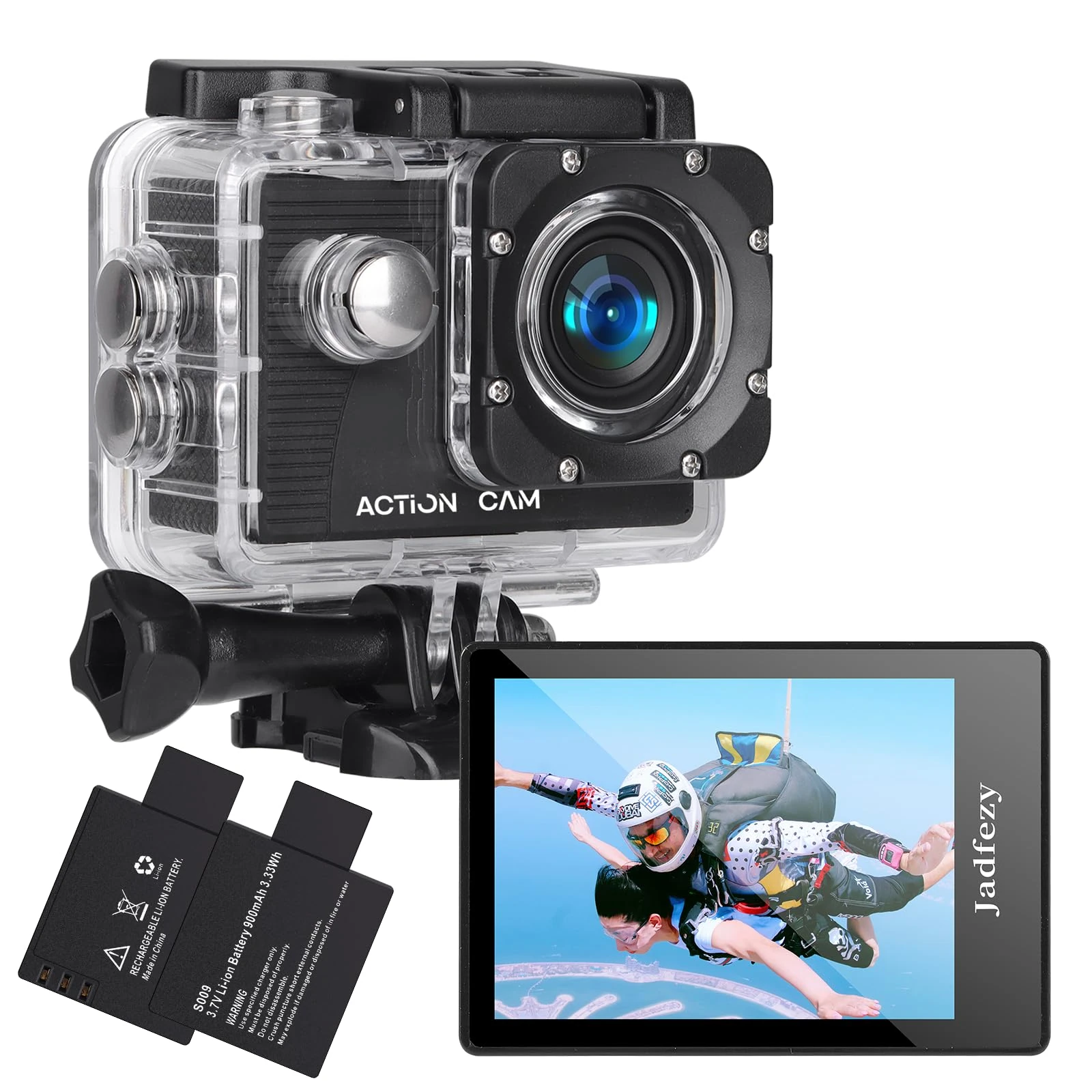 Jadfezy Action Camera FHD 1080P 12MP, 98FT/30M Underwater Waterproof Camera with 2 Rechargeable Batteries, Wide Angle sports camera with Accessories Kit Suitable for Helmet, Bicycle, etc.