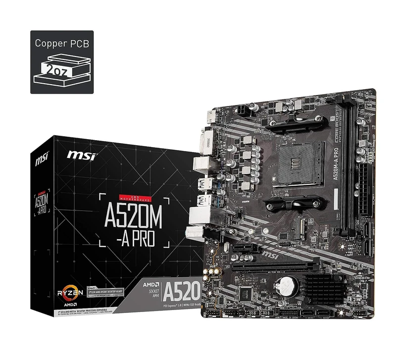 MSI A520M-A PRO Gaming Motherboard (AMD Ryzen 5000, AM4, DDR4, PCIe 3.0, SATA 6Gb/s, M.2, USB 3.2 Gen 1, DVI/HDMI, Micro-ATX)