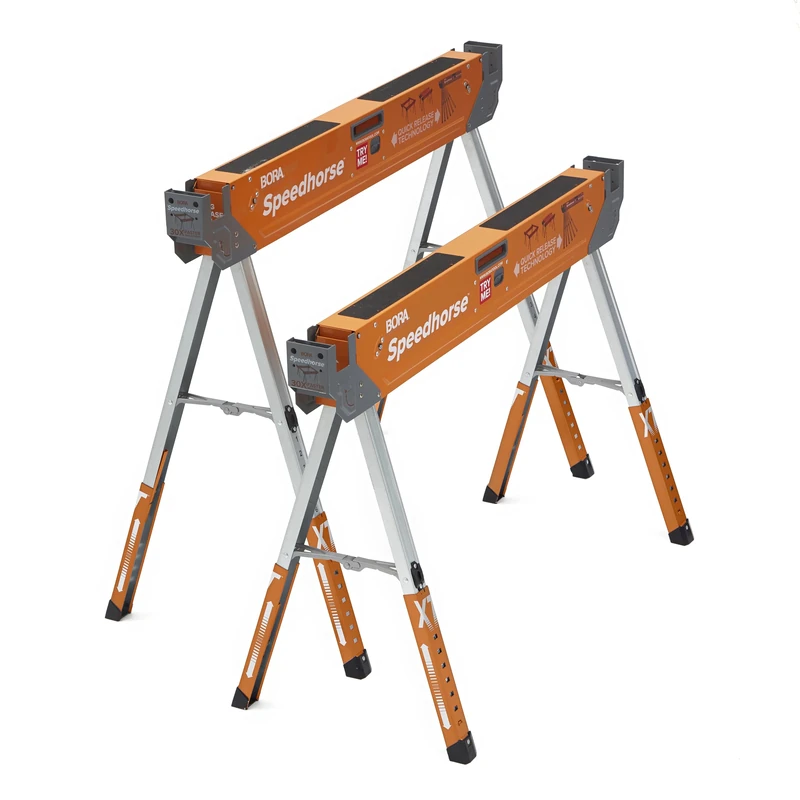 BORA Portamate Speedhorse XT Sawhorse Pair- Two pack, 30-36 inch height adjustable Legs, Metal Top for 2x4, Heavy Duty Pro Bench Saw Horse for Contractors, Carpenters - PM-4550T,Orange