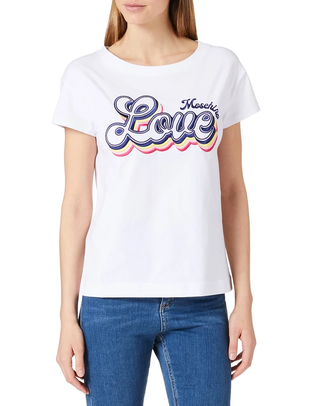 Love Moschino Women's Boxy fit T-Shirt with Short-Sleeves, Personalised with Maxi Embroidery, Optical White, 48