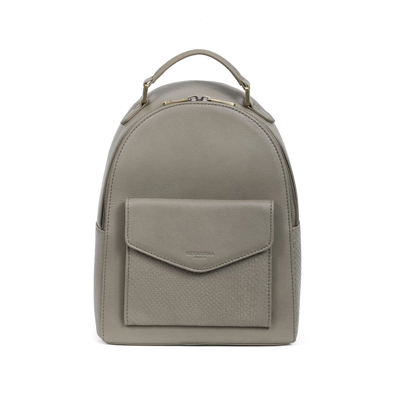 Hexagona INAYA, Women’s Backpack - for Women - INAYA Collection - Olive - in supple fat cowhide leather with snake print - Handbag backpack - shoulder bag, Olive, L : 23 x h : 29,5 x p : 11 cm -