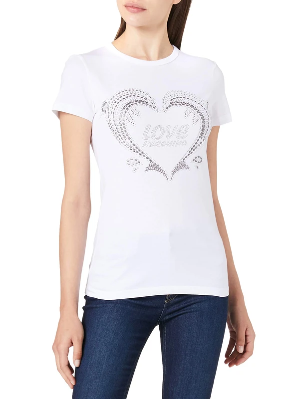 Love Moschino Women's Slim fit T-Shirt with Short-Sleeves, Personalised with Dolphins and Logo hotfix 3D Silver Studs, Optical White, 40