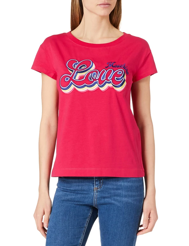 Love Moschino Women's Boxy fit T-Shirt with Short-Sleeves, Personalised with Maxi Embroidery, Fuxia, 38