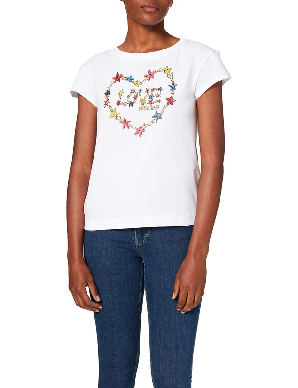 Love Moschino Women's Boxy fit T-Shirt with Short-Sleeves Personalised with a Multicolor Starfish Heart Logo Transfer Print, Optical White, 40 - Image 1