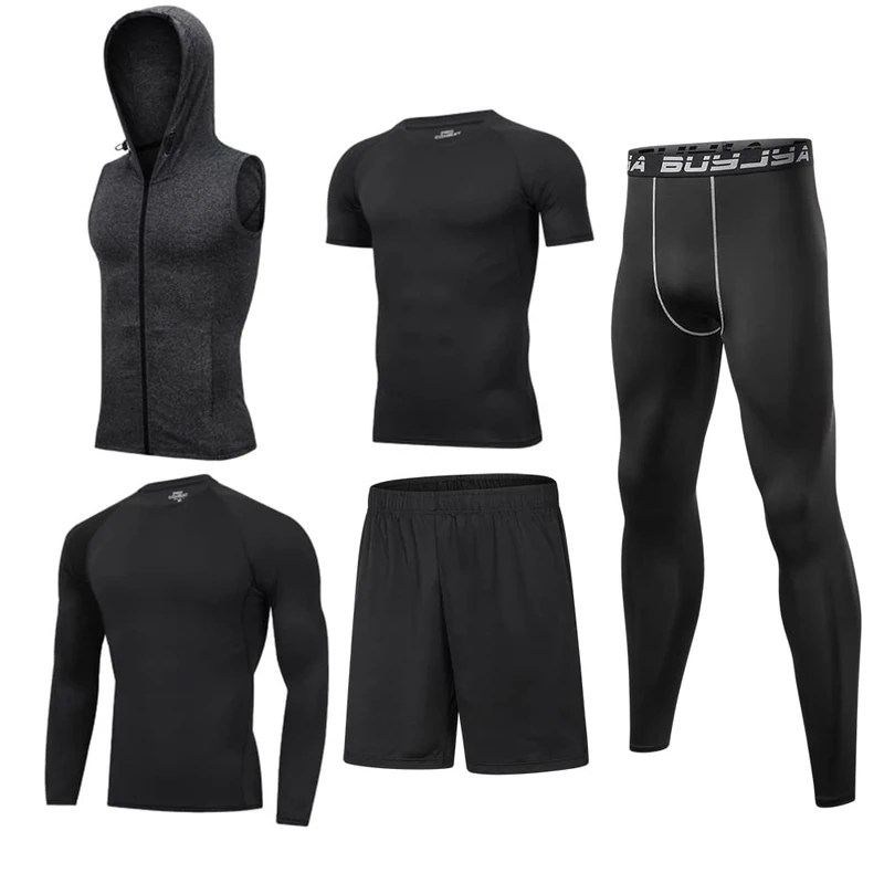 BUYJYA 5Pcs Men's Compression Pants Shirt Top Long Sleeve Jacket Athletic Sets Gym Clothing Mens Workout
