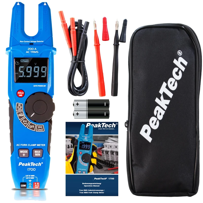 PeakTech P 1700 – True RMS Measurement Fork clamp, 200A AC, 1000V, LCD Inverted, CAT III 1000 V, CAT IV 600 V, 6.000 Counts