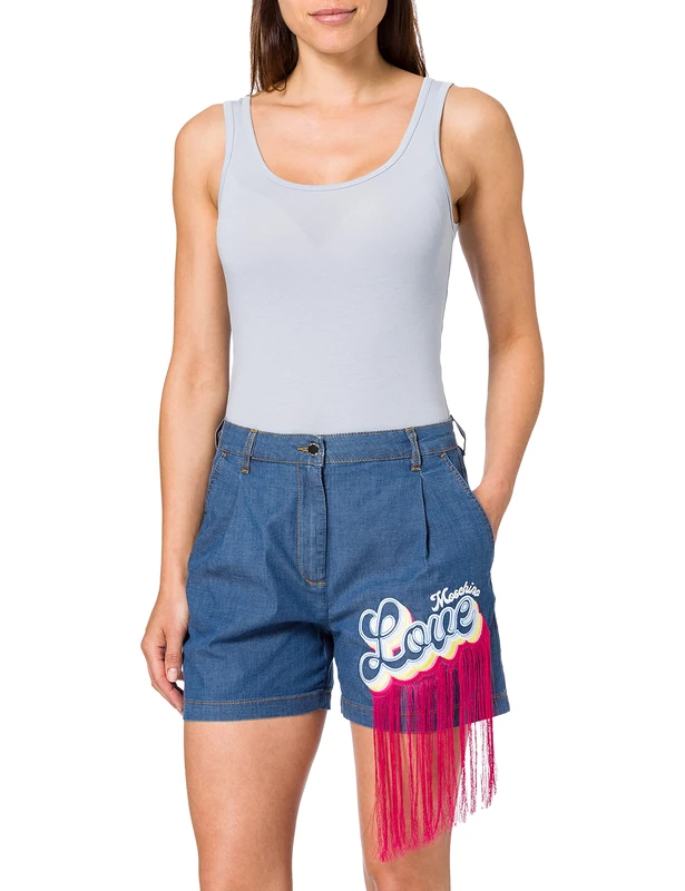 Love Moschino Women's Wide Stretch Cotton Short-Maxi Embroidery with Fringes Casual, ZZEN3038, 40