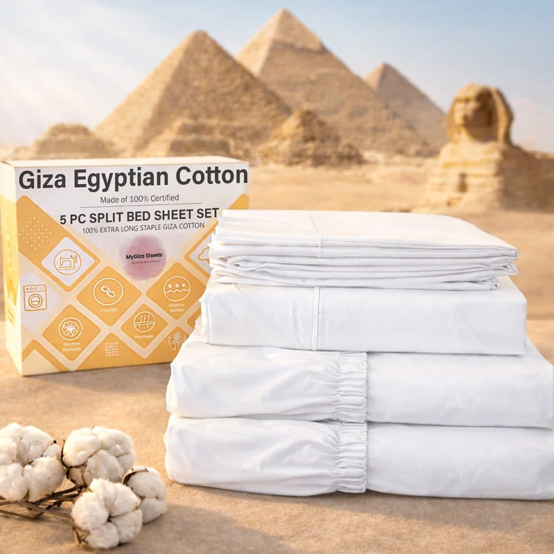 MyGiza Sheets 5 Pcs Split King Sheets Sets for Adjustable Beds, 100% Certified Giza Egyptian Cotton, Soft & Luxurious Sheets fits 16 inch Deep Pocket Mattress, White