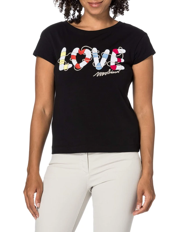 Love Moschino Women's t-Shirt with Short-Sleeves, Personalised with Maxi Love Lifesaver Hearts Embroidery, Black, 44