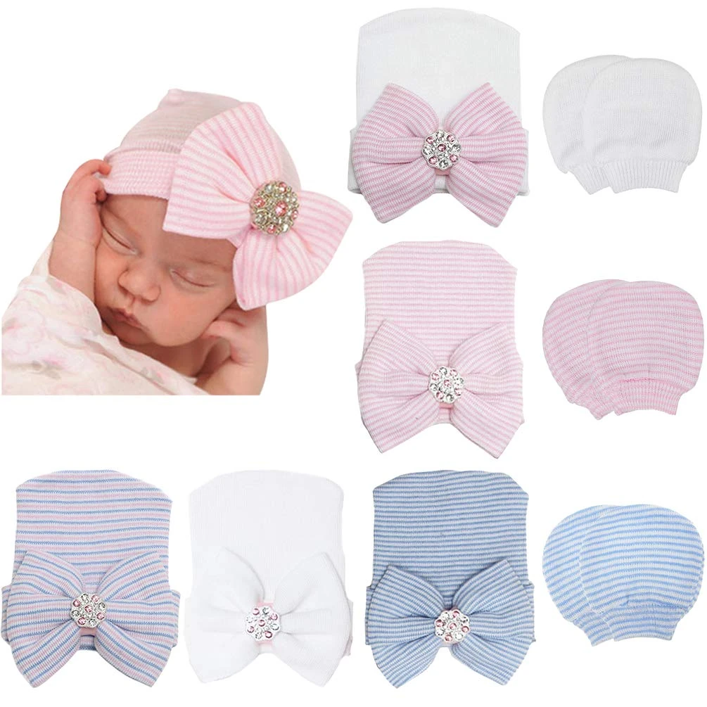 DRESHOW Newborn Baby Hat and Mittens, 5 Hats and 3 Pairs Mittens for Babies, Boys, Girls,Ages 0-3 Months