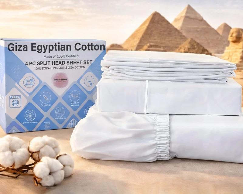MyGiza Sheets 4 Pcs Flex Head King Sheets Sets for Adjustable Beds, 100% Certified Giza Cotton Top Split King 34 Inch Down Sheets fits 16" deep Mattress, White
