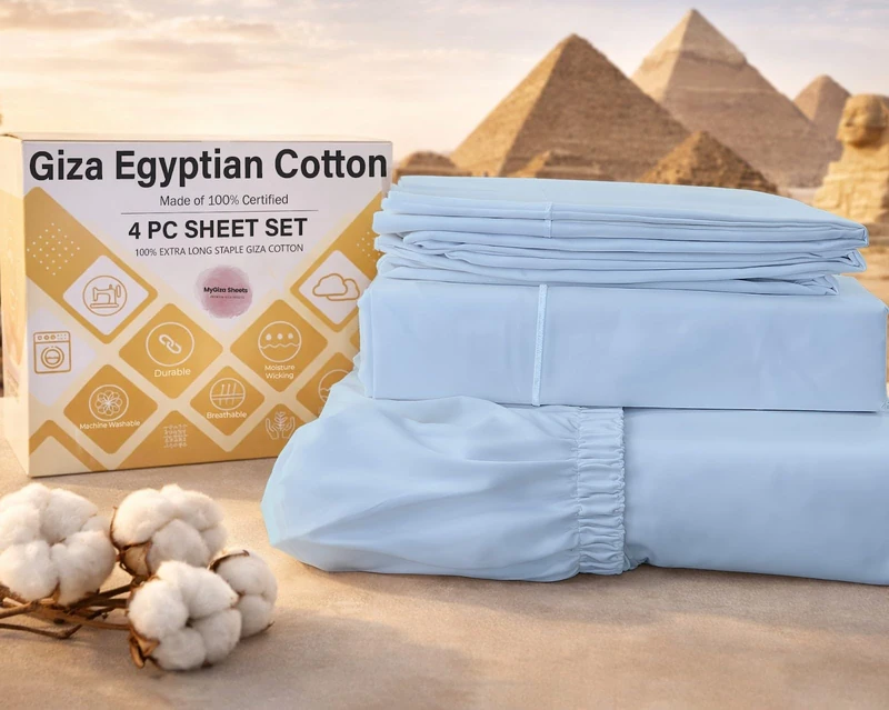 MyGiza Sheets 4 Pcs Queen Sheet Set, 100% Certified Giza Egyptian Cotton, Soft & Luxury Sheets fits 18 Inches Deep Mattress, Sky Blue