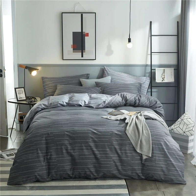 VM VOUGEMARKET Bedding Set Made from 100% Natural Cotton, Striped, Gray Stripe Pattern, Printed, Duvet Cover for Boys and Men, Reversible, Modern, Simple Style