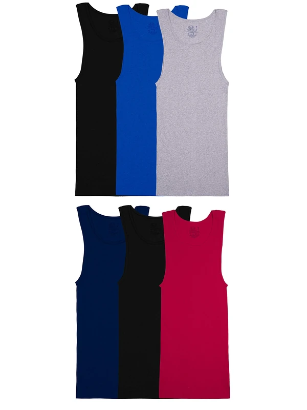 Fruit of the Loom Men's Sleeveless Tank A-Shirt, Tag Free & Moisture Wicking, Ribbed Stretch Fabric, 6 Pack - Assorted Colors, S