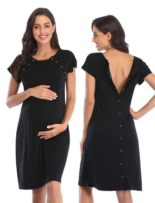 Soanhoo Women's Maternity 3 in 1 Delivery Labor Nursing Nightgown Hospital Gown Sleepwear for Breastfeeding - black - Medium