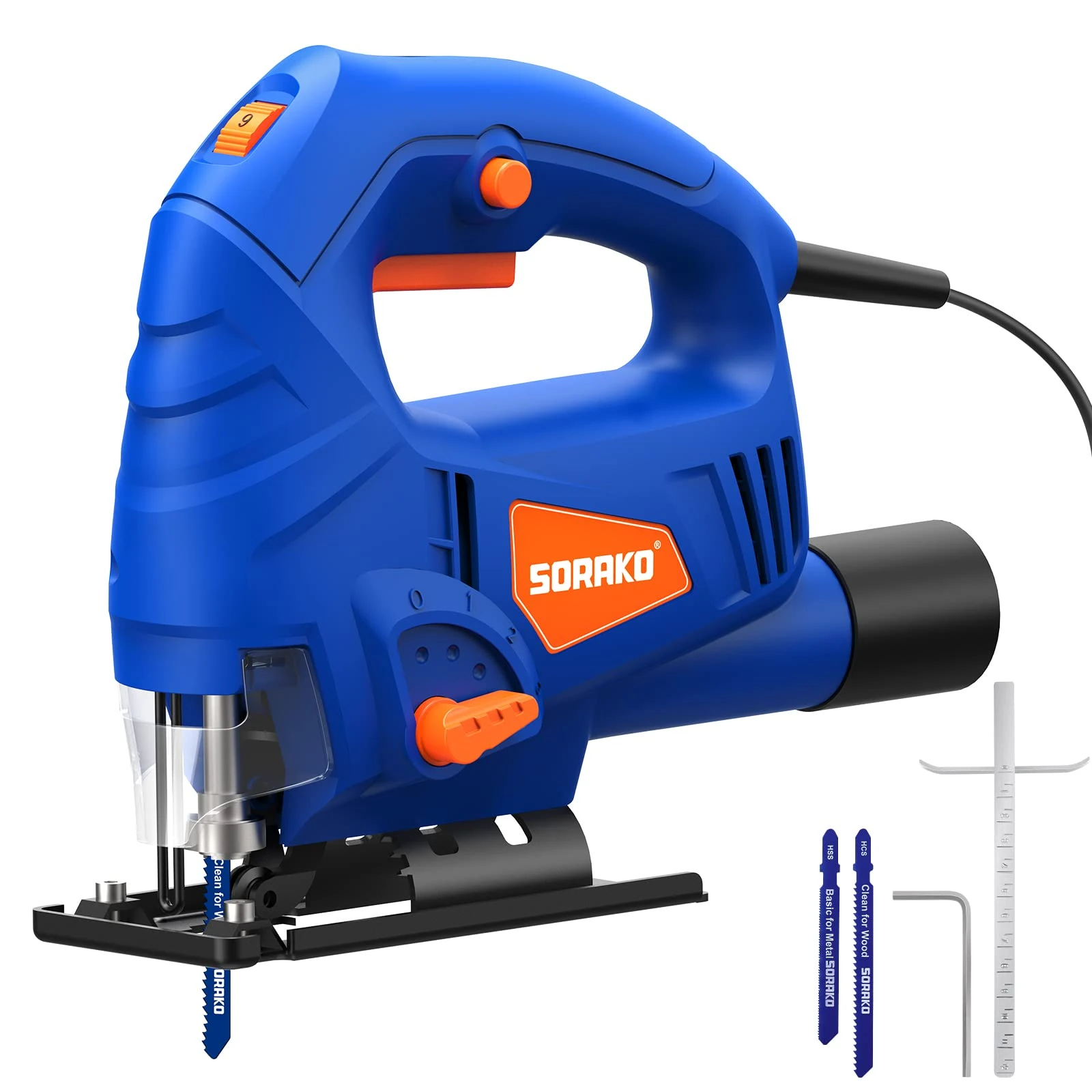 SORAKO 600W Corded Jigsaw for Wood & Metal | 800-3000SPM Electric Jigsaw with 6 Speeds + 3 Orbital Settings | 45° Bevel Cutting, 60mm Wood Cutting Depth