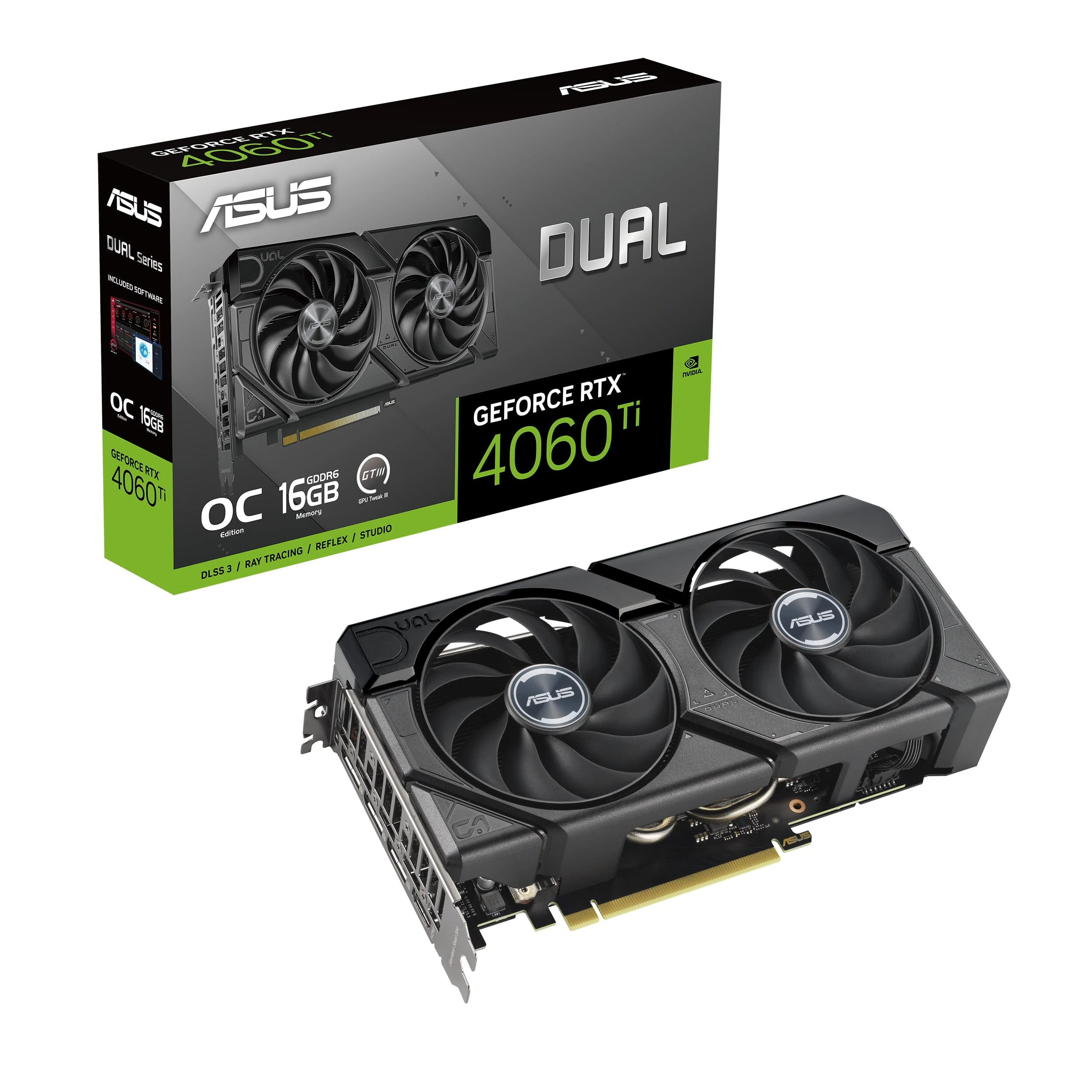 ASUS Dual GeForce RTX 4060 Ti EVO 16GB GDDR6 (PCIe 4.0, 16GB GDDR6, DLSS 3, HDMI 2.1a, DisplayPort 1.4a, 2.5-Slot Design, Axial-Tech Fan Design, 0dB Technology)