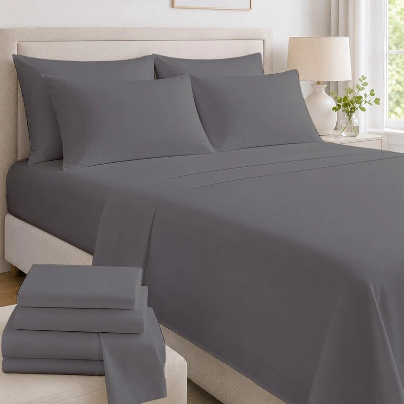 6 Piece Extra Deep Pocket Cal King Size Sheet Set Egyptian Cotton Sheets California King Size Hotel Luxury Collection 6 PC Dark Grey Solid Fits Mattress Upto 21'' DEEP Pocket