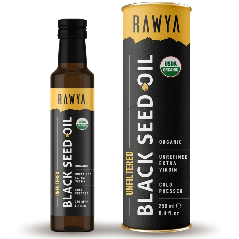 RAWYA Organic Black Seed Oil – 250ml, Unfiltered, Pure and Natural Kalonji (Nigella sativa), Cold-Pressed Black Cumin Seed Oil for Hair, Scalp and Skin Care, Great for Massage and Daily Wellness