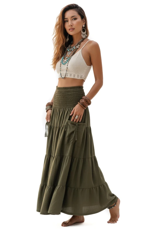 Thaluta Maxi Skirt Long Pockets Boho Cotton Elastic Waist Gypsy - Green - One Size