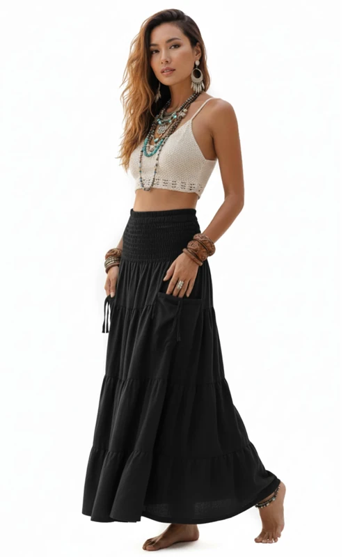 Thaluta Maxi Boho Skirt Long Pockets Cotton Hippie Bohemian Elastic Waist Gypsy Skirt, Black, One Size