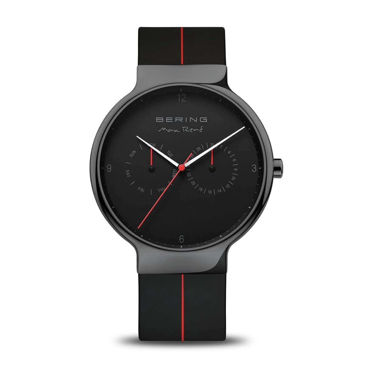 BERING Men Analog Quartz Max René Collection Watch with Silicone Strap and Sapphire Crystal 15542-423, Black/Red, 42