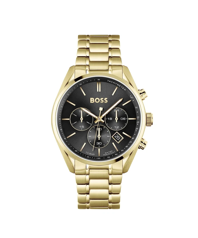BOSS Men's 44mm Chronograph Quartz Watch Champion Collection with Black Dial and Gold Stainless Steel Bracelet, Date Function, 3 Sub-Dials, 10ATM Water Resistance - 1513848