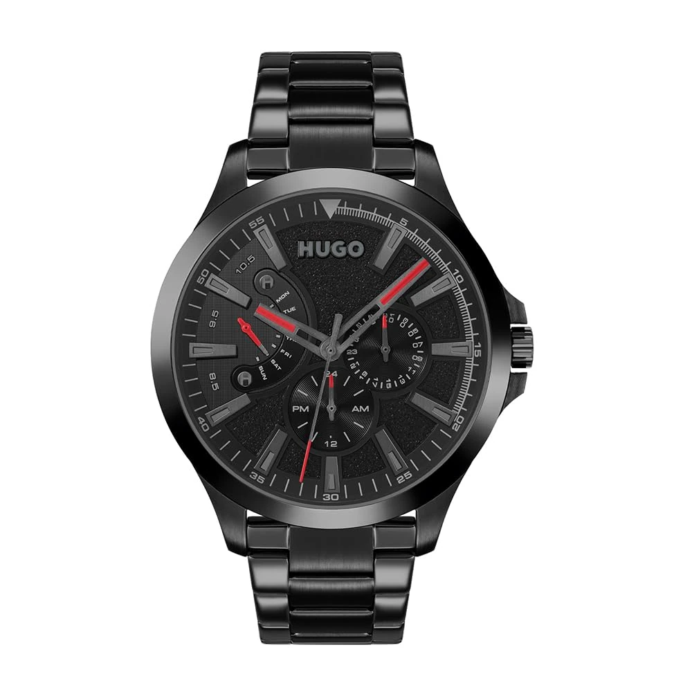 HUGO Analogue Multifunction Quartz Watch for Men #LEAP Collection with Black Stainless Steel Bracelet - 1530175