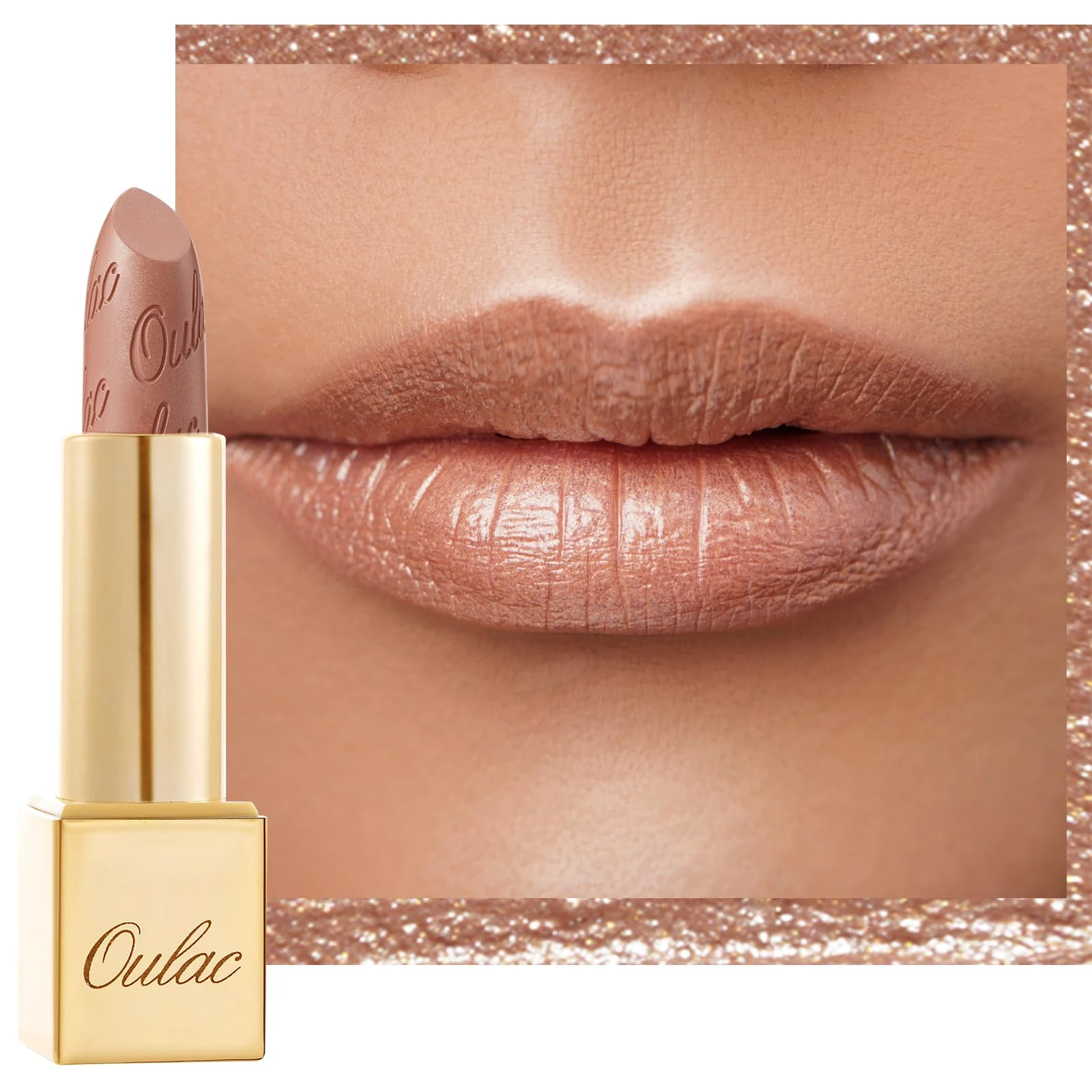 OULAC Metallic Shine Glitter Lipstick, Nude High Impact Lipcolor, Lightweight Soft and Ultra Hydrating, Long Lasting, Vegan & Cruelty-Free, Full-Coverage Lip Color 4.3 g/0.15 Sahara Gold(10)